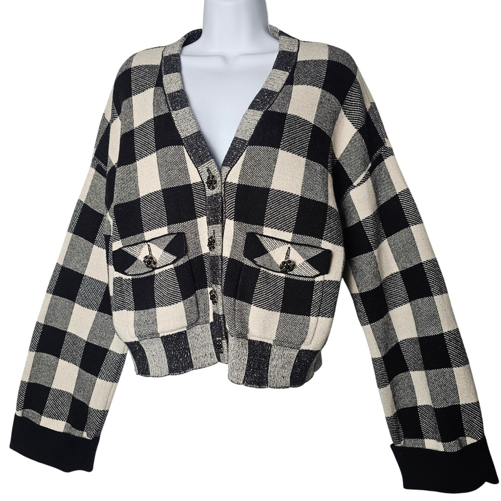 Industry Womens Buffalo Plaid Cardigan Black Cream Wool Blend V-Neck Large